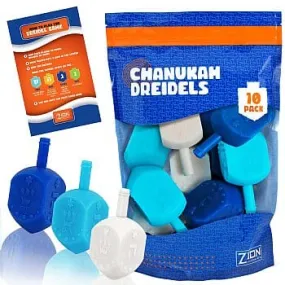 10 Pack Medium Plastic Dreidels w/English Transliteration - Multi Blue