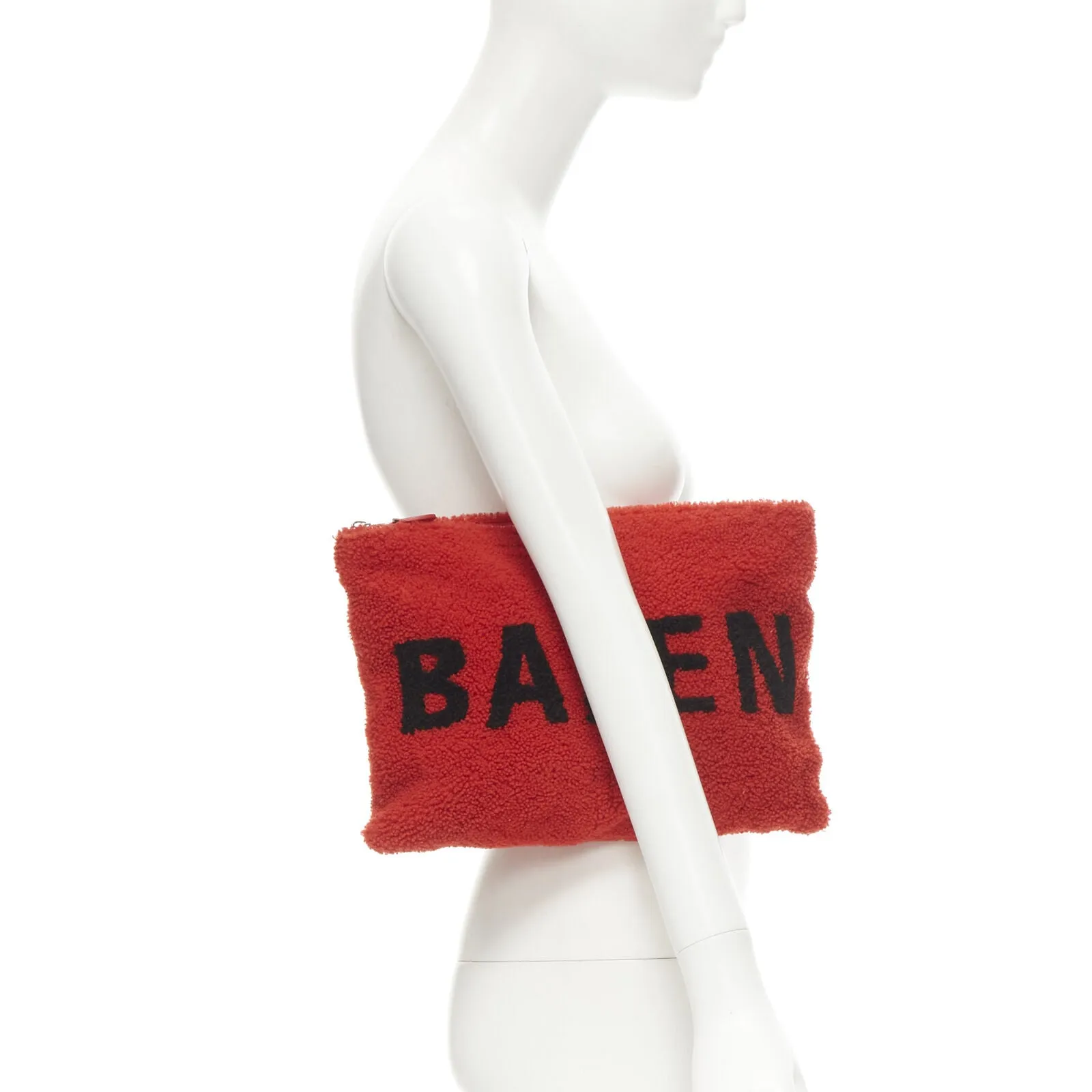 BALENCIAGA Demna logo red black dyed merino lamb shearling zip clutch bag
