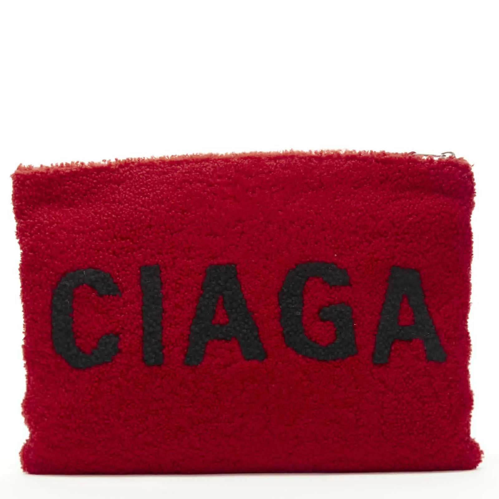 BALENCIAGA Demna logo red black dyed merino lamb shearling zip clutch bag