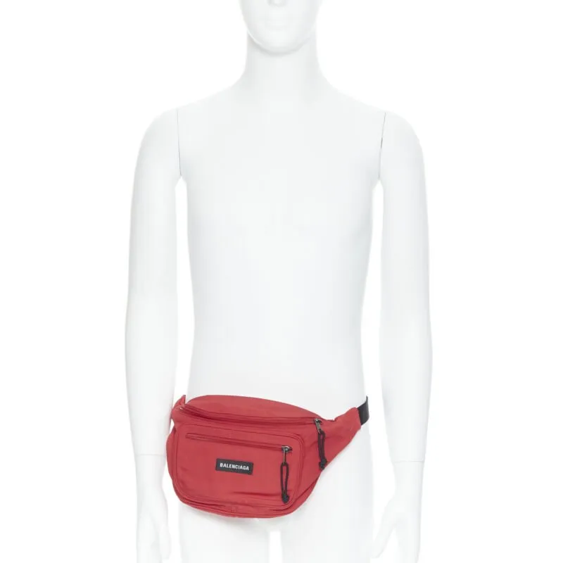 BALENCIAGA Explorer red nylon logo dual pocket waist belt pack crossbody bag
