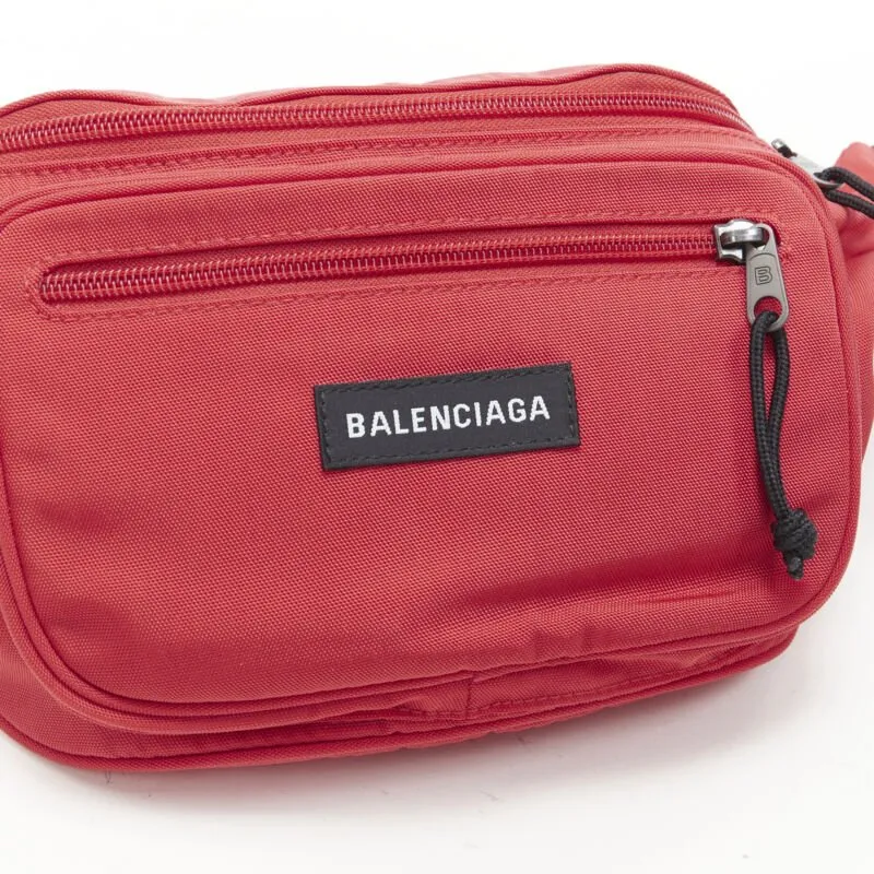 BALENCIAGA Explorer red nylon logo dual pocket waist belt pack crossbody bag