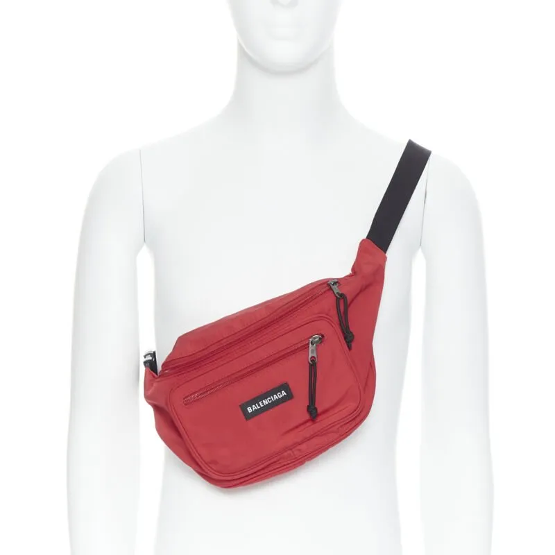 BALENCIAGA Explorer red nylon logo dual pocket waist belt pack crossbody bag