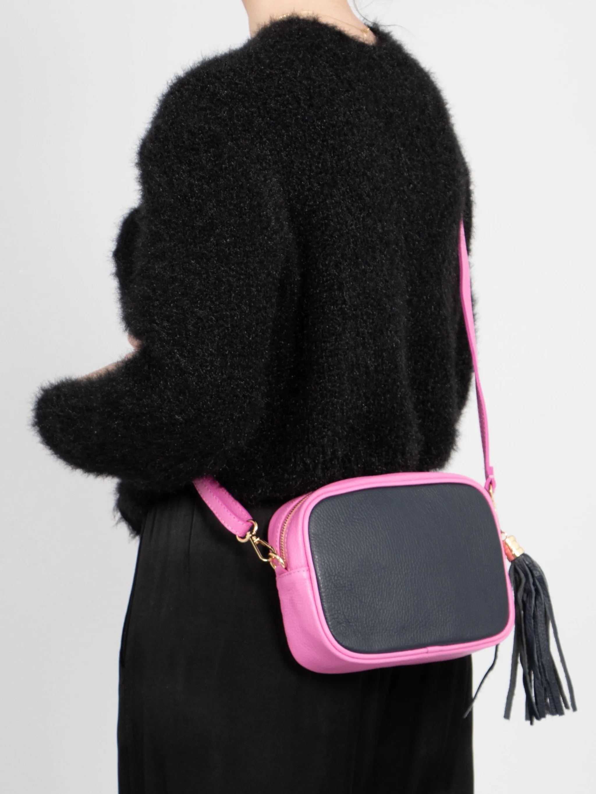 Beau - Italian Leather Crossbody Bag - Navy Blue/Hot Pink, Pebbled