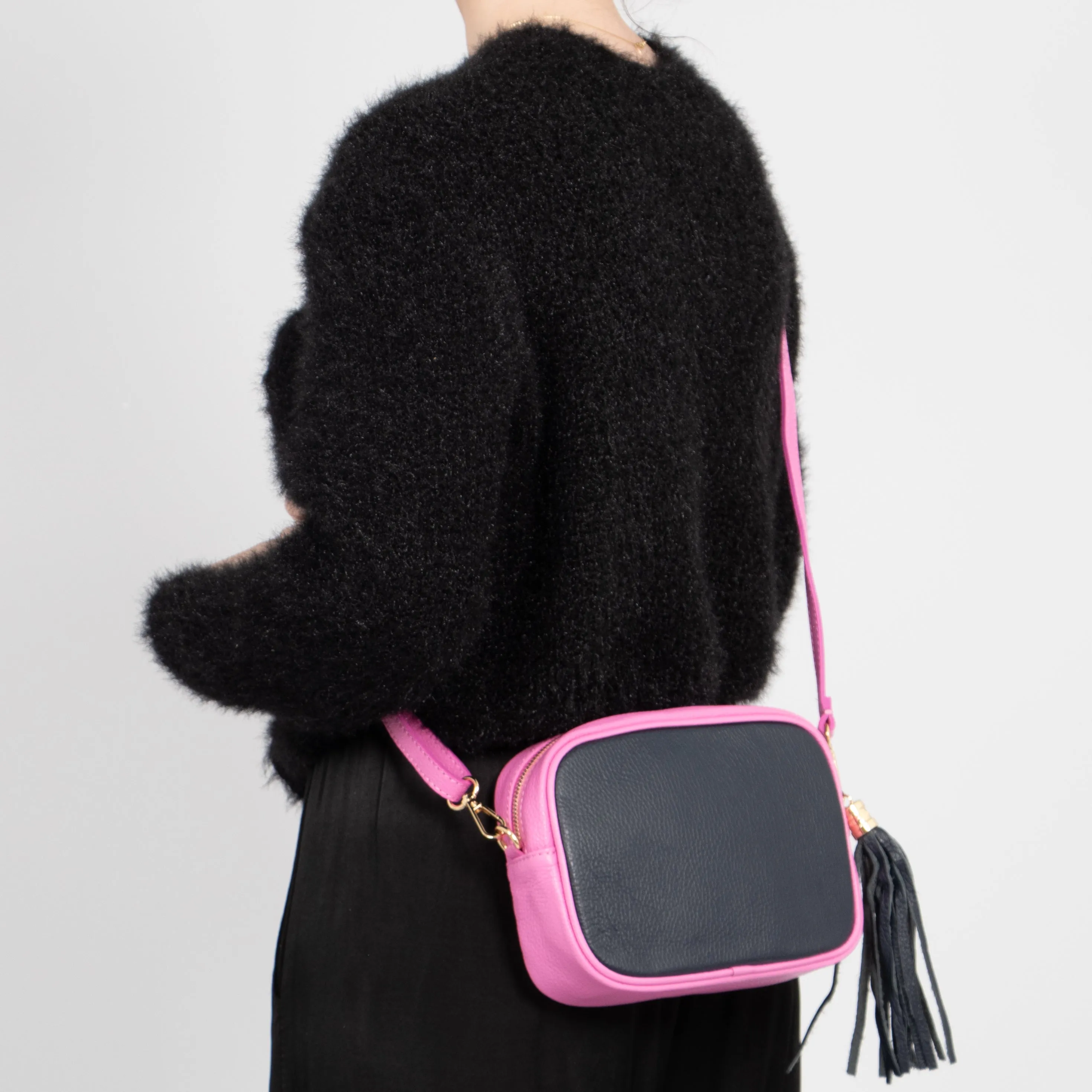 Beau - Italian Leather Crossbody Bag - Navy Blue/Hot Pink, Pebbled