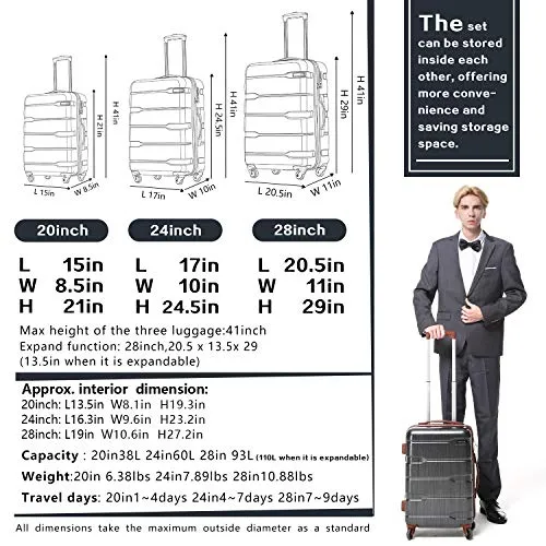 Coolife Luggage Expandable 3 Piece Sets PC ABS Spinner Suitcase-Caribbean Blue