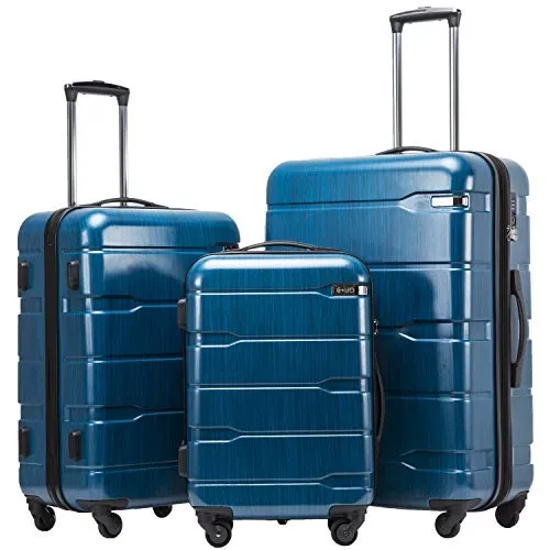 Coolife Luggage Expandable 3 Piece Sets PC ABS Spinner Suitcase-Caribbean Blue
