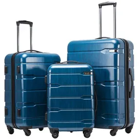 Coolife Luggage Expandable 3 Piece Sets PC ABS Spinner Suitcase-Caribbean Blue