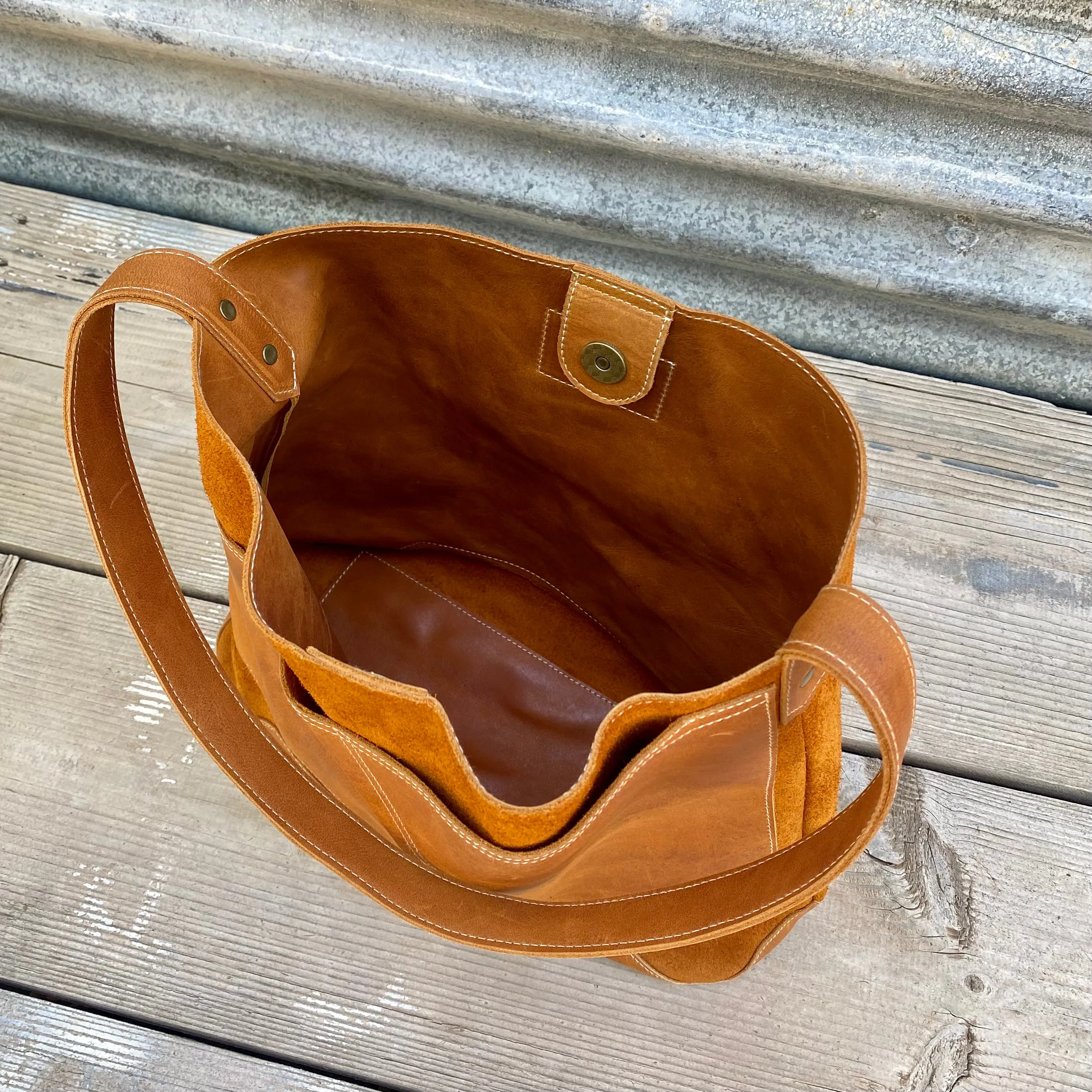 Drink Bottle Pocket Suede & Leather Tote