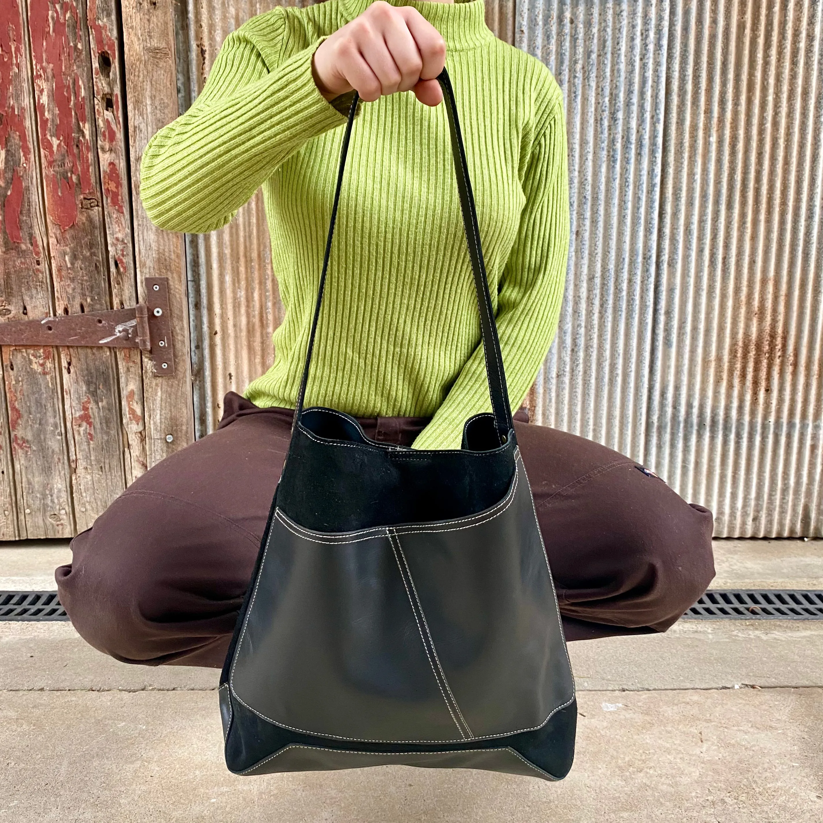 Drink Bottle Pocket Suede & Leather Tote