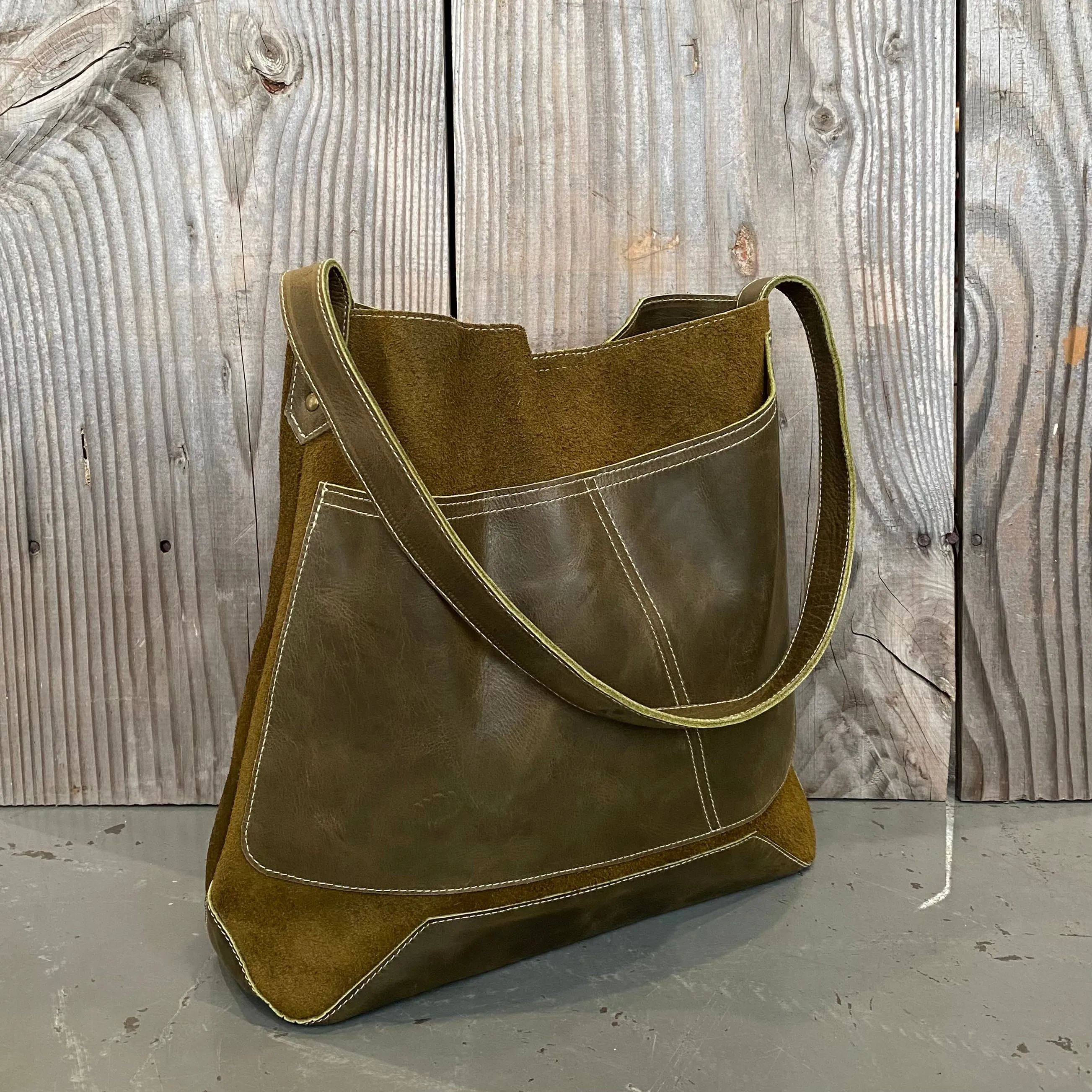 Drink Bottle Pocket Suede & Leather Tote