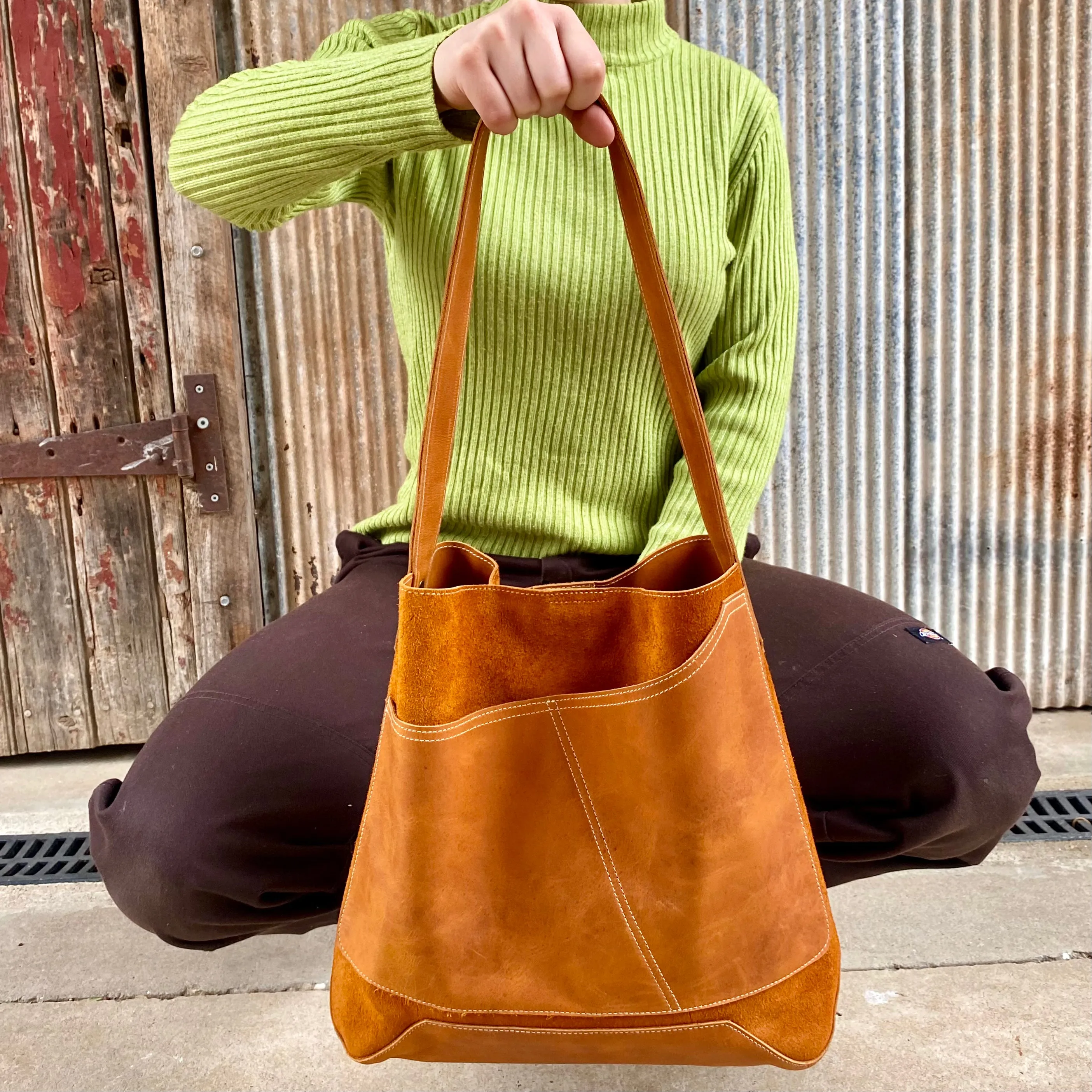 Drink Bottle Pocket Suede & Leather Tote