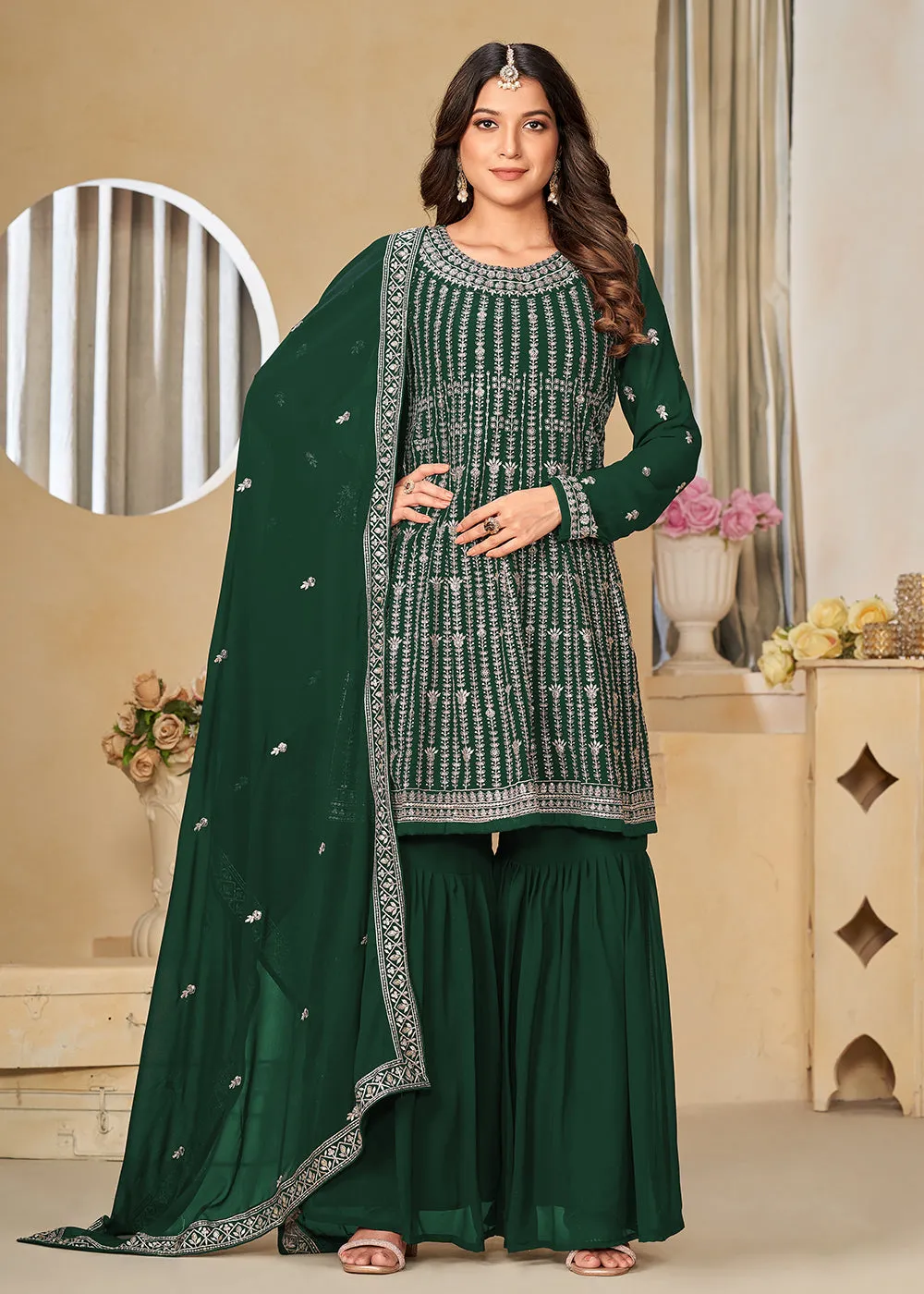 Faux Georgette Green Embroidered Gharara Style Suit