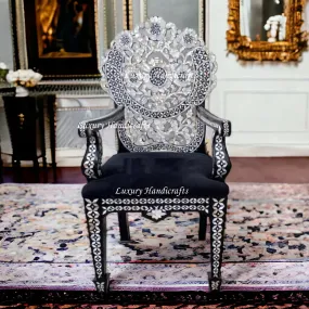 Handcarved MOP Inlay Ornate Flower Chair Black