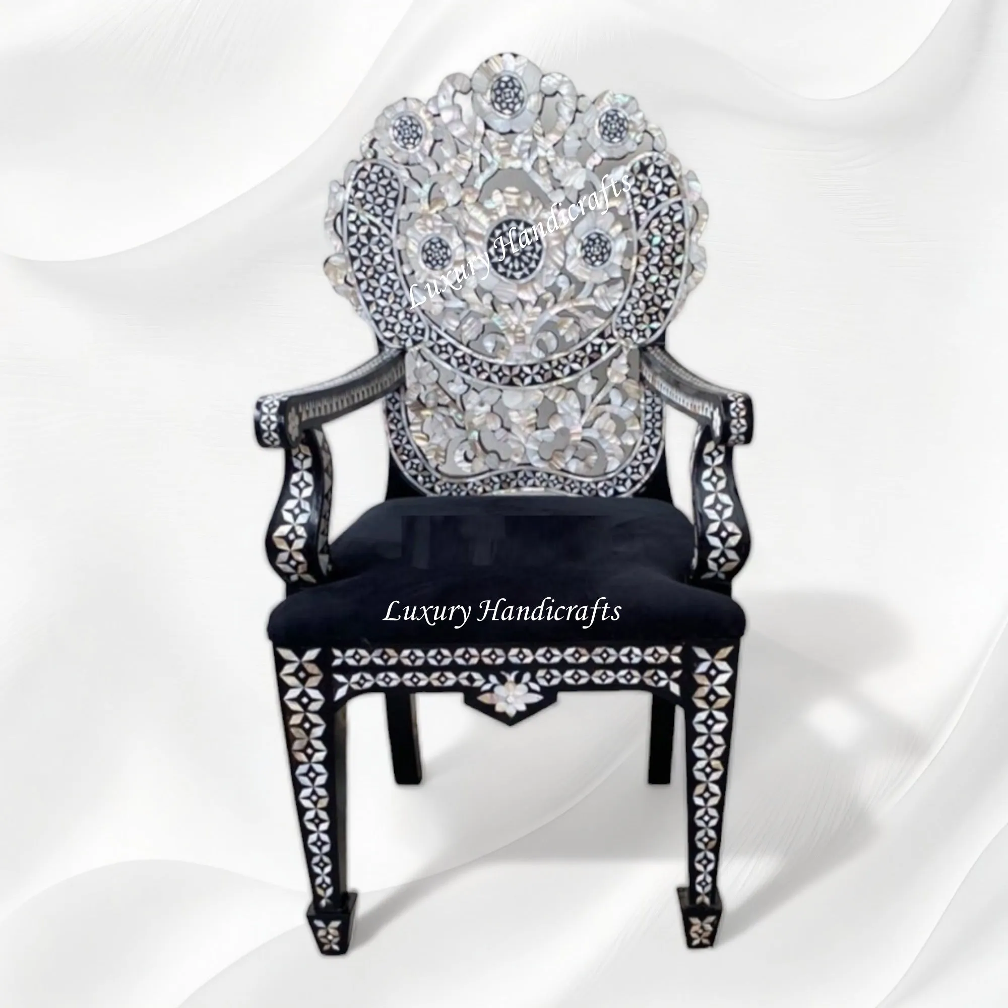 Handcarved MOP Inlay Ornate Flower Chair Black