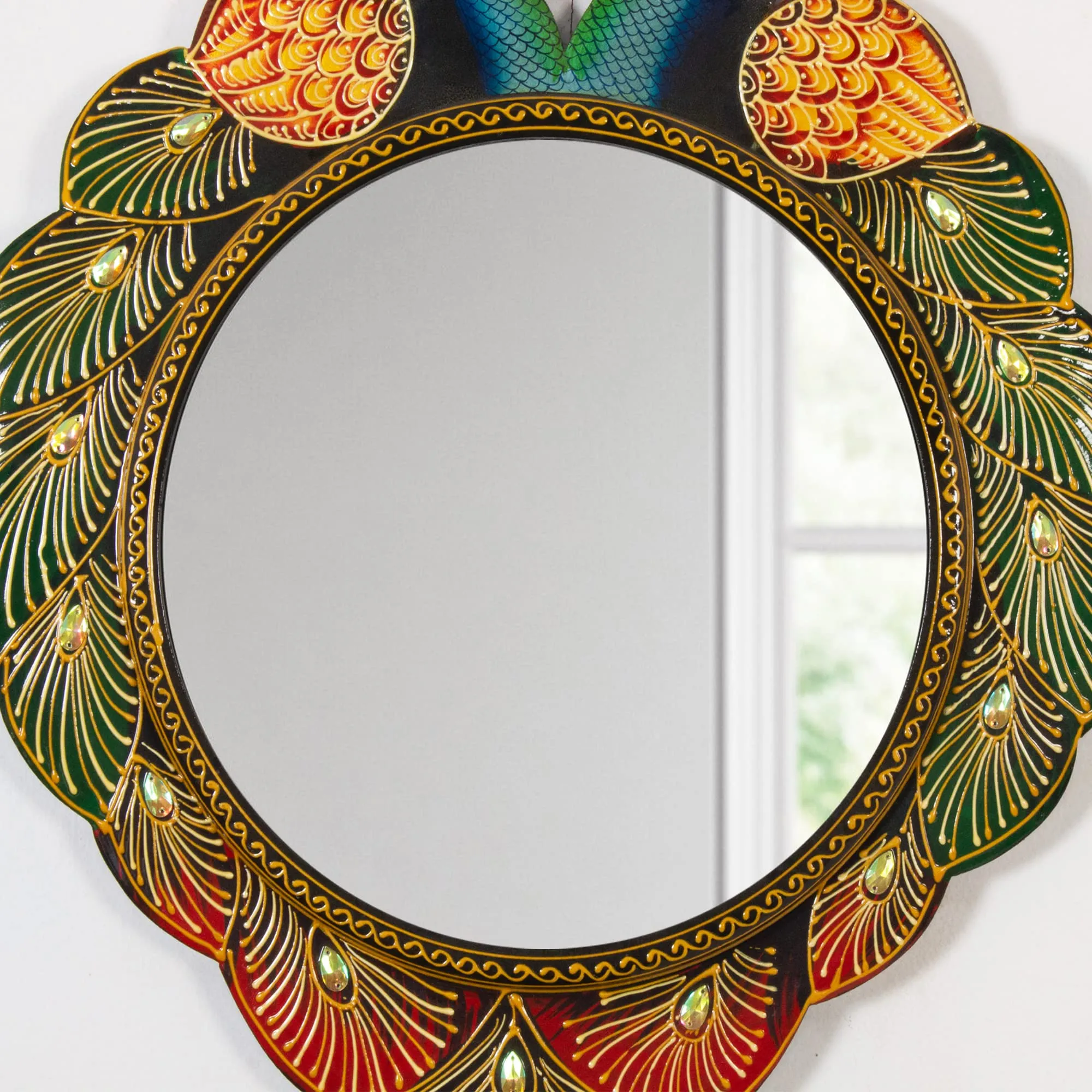 Home and Bazaar Traditional Elegant & Ethnic Designer Unique Wooden Peacock Wall Mirror Frame 18x1x24 Inch Mirror Size 12"