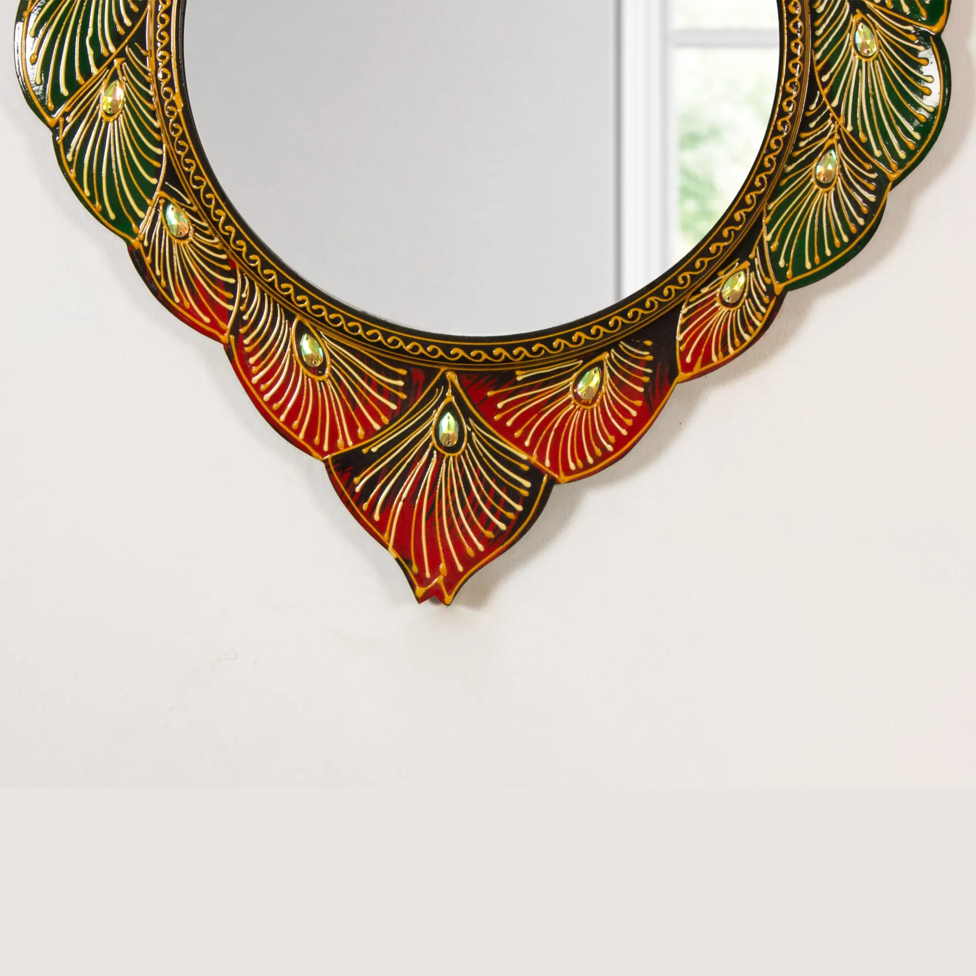 Home and Bazaar Traditional Elegant & Ethnic Designer Unique Wooden Peacock Wall Mirror Frame 18x1x24 Inch Mirror Size 12"
