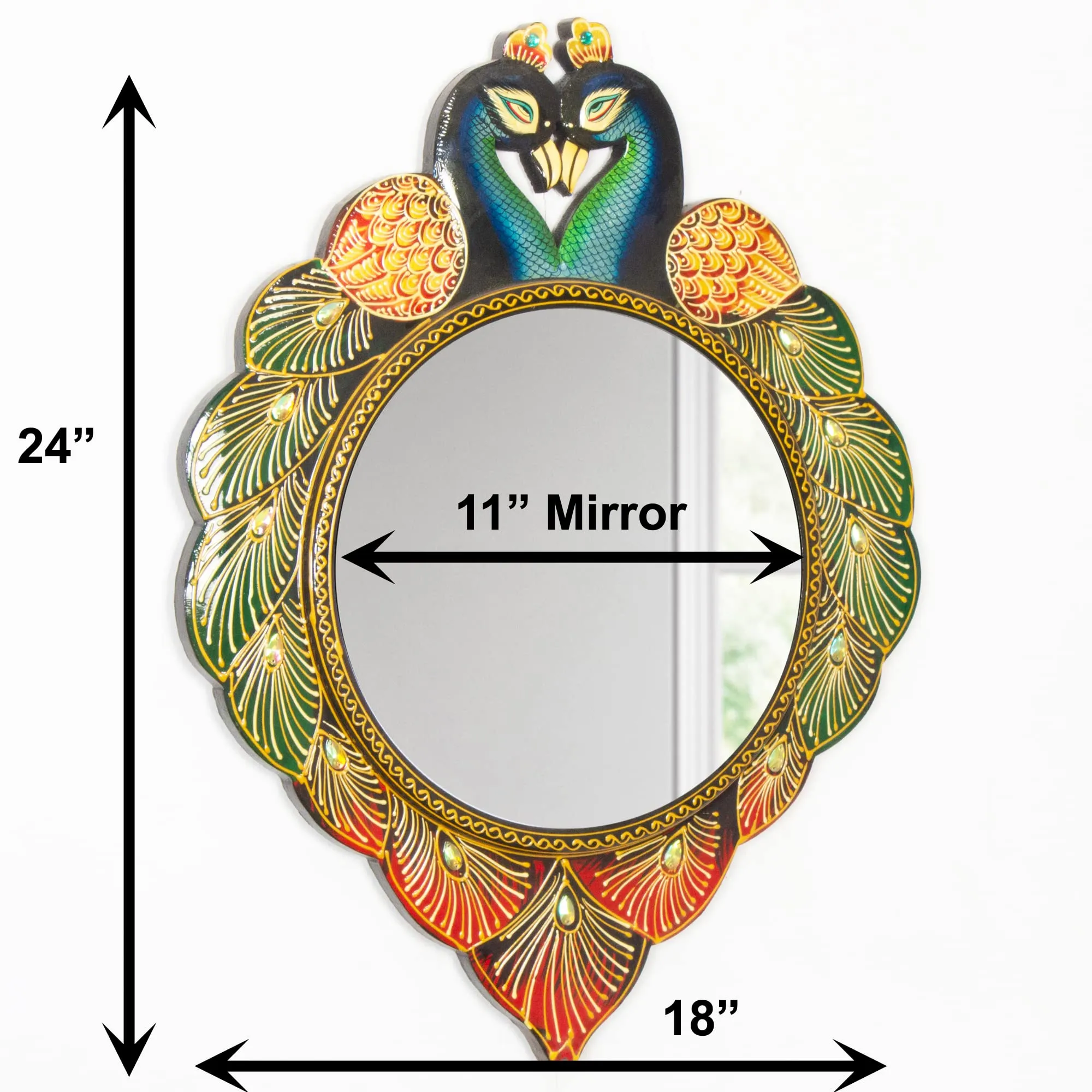 Home and Bazaar Traditional Elegant & Ethnic Designer Unique Wooden Peacock Wall Mirror Frame 18x1x24 Inch Mirror Size 12"
