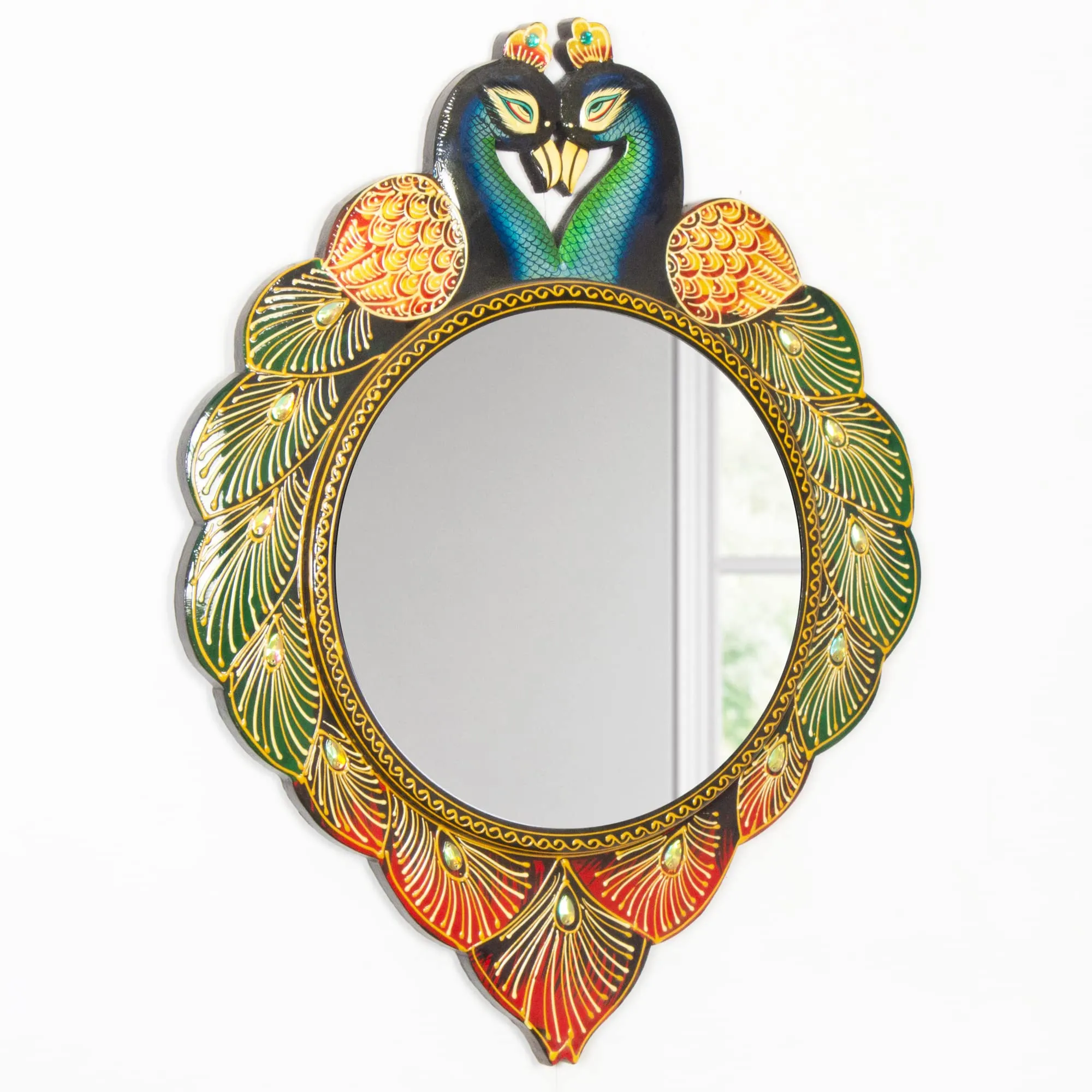 Home and Bazaar Traditional Elegant & Ethnic Designer Unique Wooden Peacock Wall Mirror Frame 18x1x24 Inch Mirror Size 12"