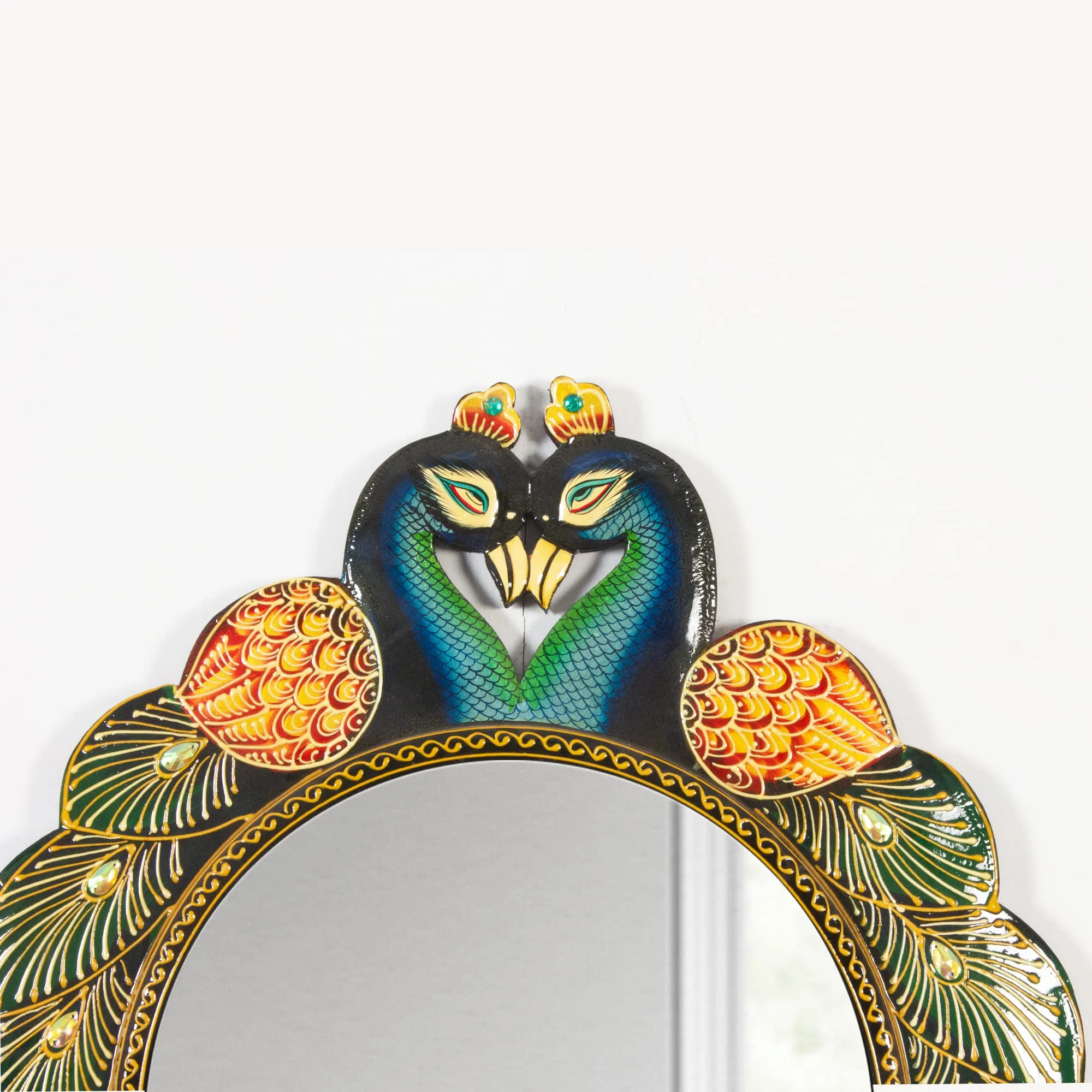 Home and Bazaar Traditional Elegant & Ethnic Designer Unique Wooden Peacock Wall Mirror Frame 18x1x24 Inch Mirror Size 12"