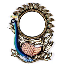 Home and Bazaar Traditional Elegant & Ethnic Designer Unique Wooden Peacock Wall Mirror Frame 18x1x30 Inch