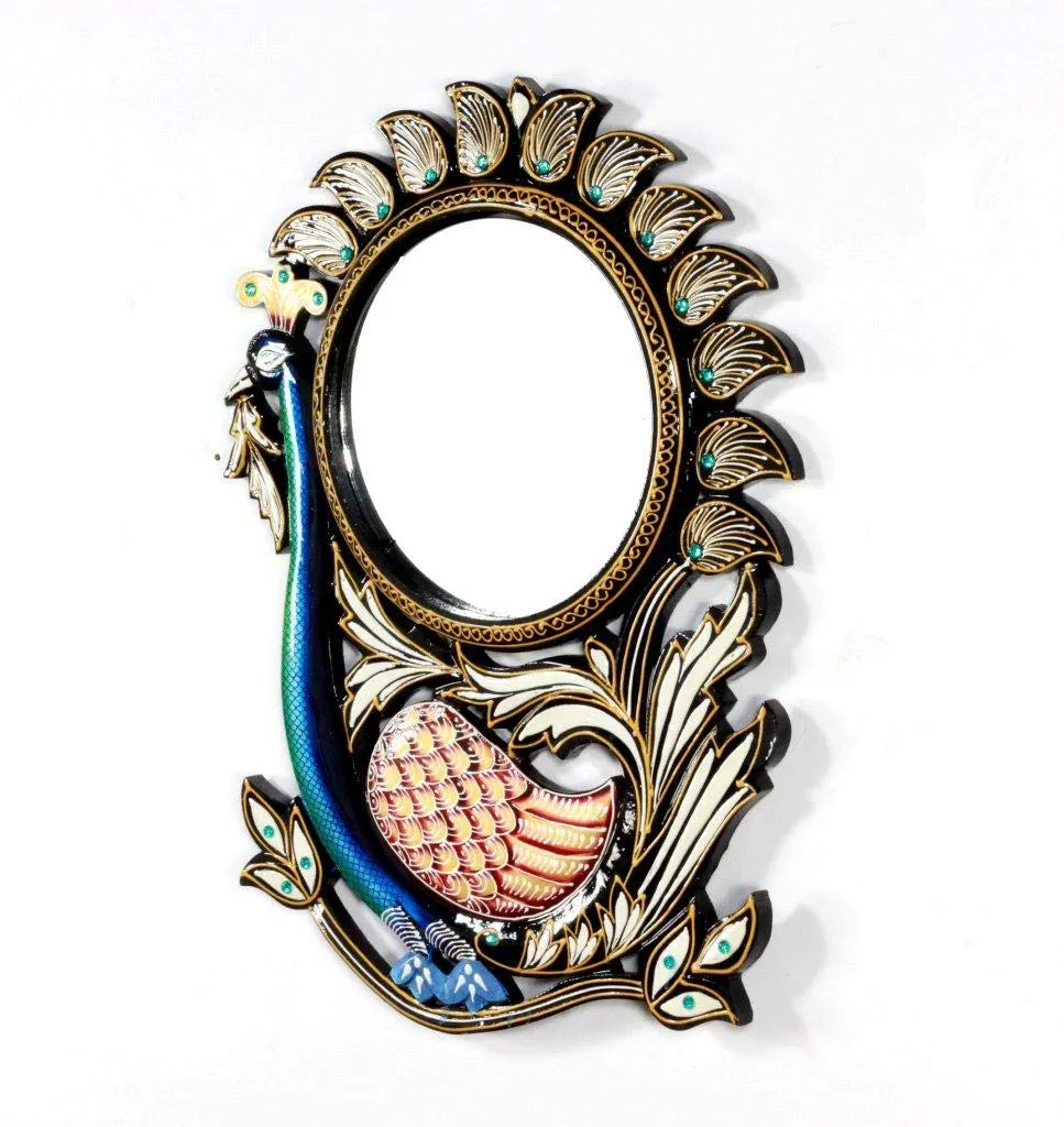 Home and Bazaar Traditional Elegant & Ethnic Designer Unique Wooden Peacock Wall Mirror Frame 18x1x30 Inch