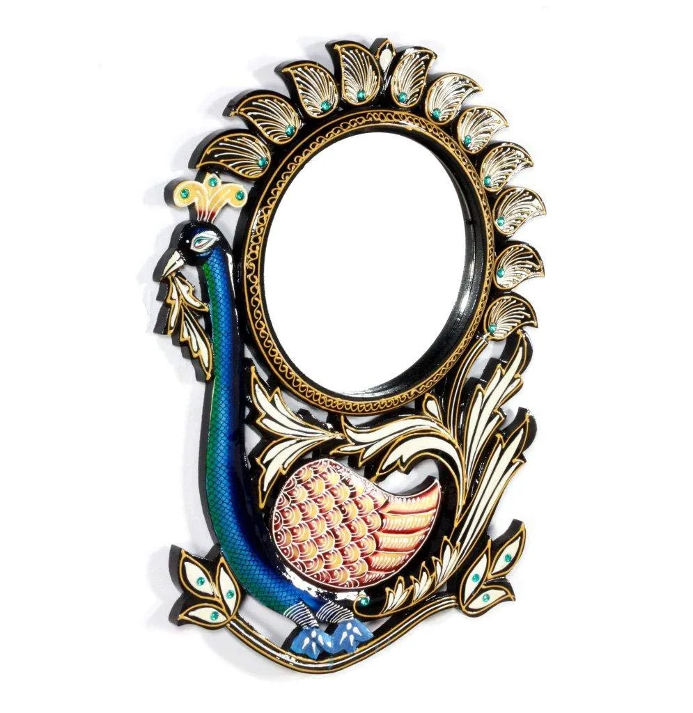 Home and Bazaar Traditional Elegant & Ethnic Designer Unique Wooden Peacock Wall Mirror Frame 18x1x30 Inch