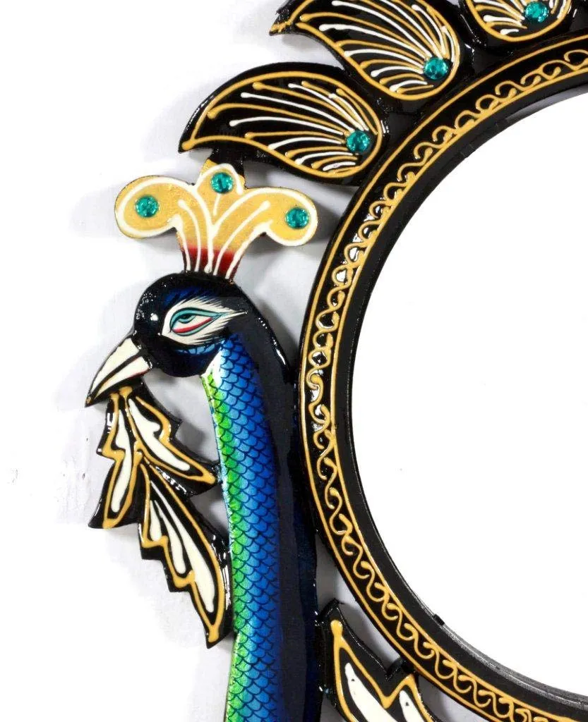 Home and Bazaar Traditional Elegant & Ethnic Designer Unique Wooden Peacock Wall Mirror Frame 18x1x30 Inch