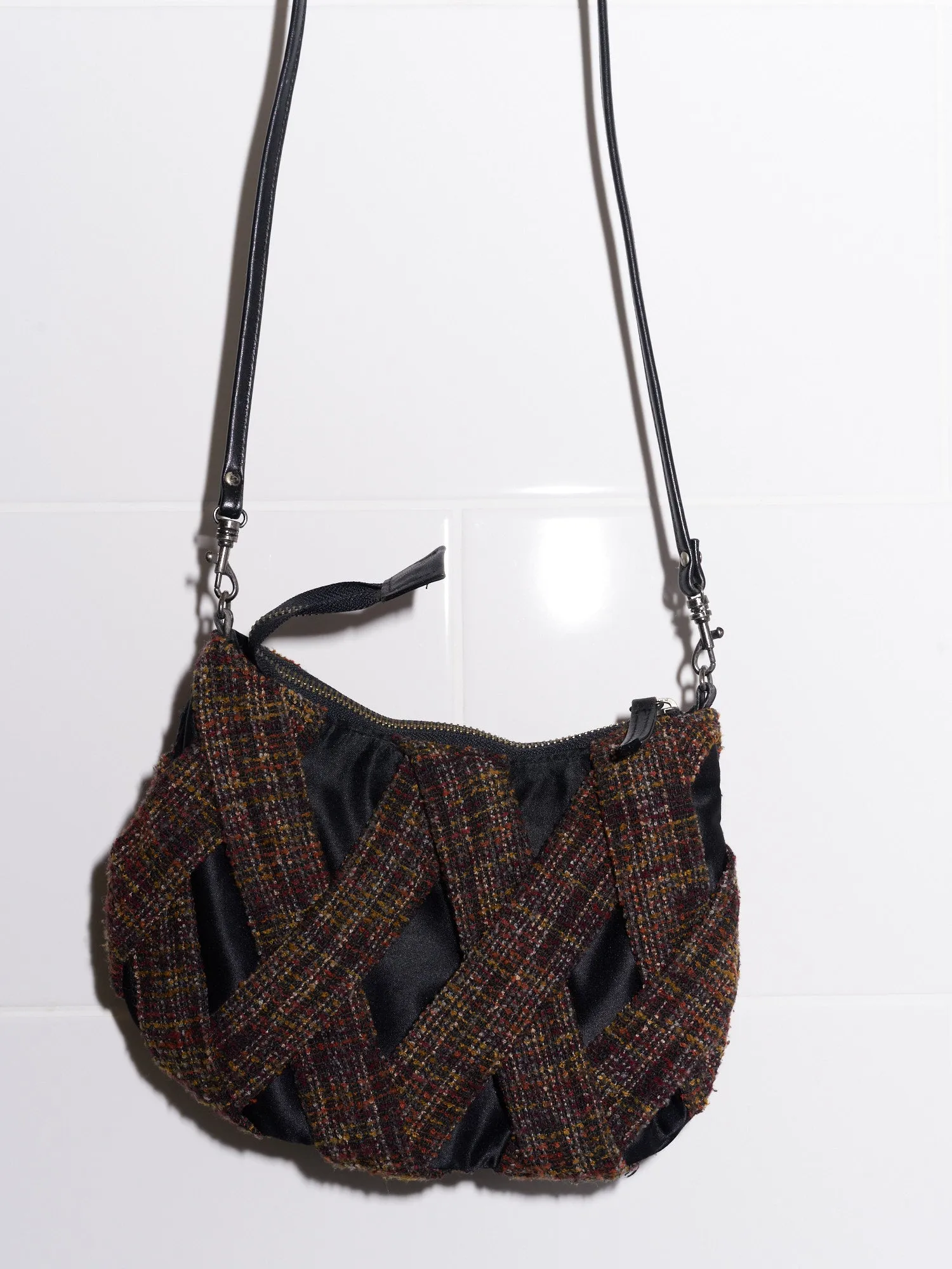 Jean Colonna small brown crosshatch fabric shoulder bag with visible lining