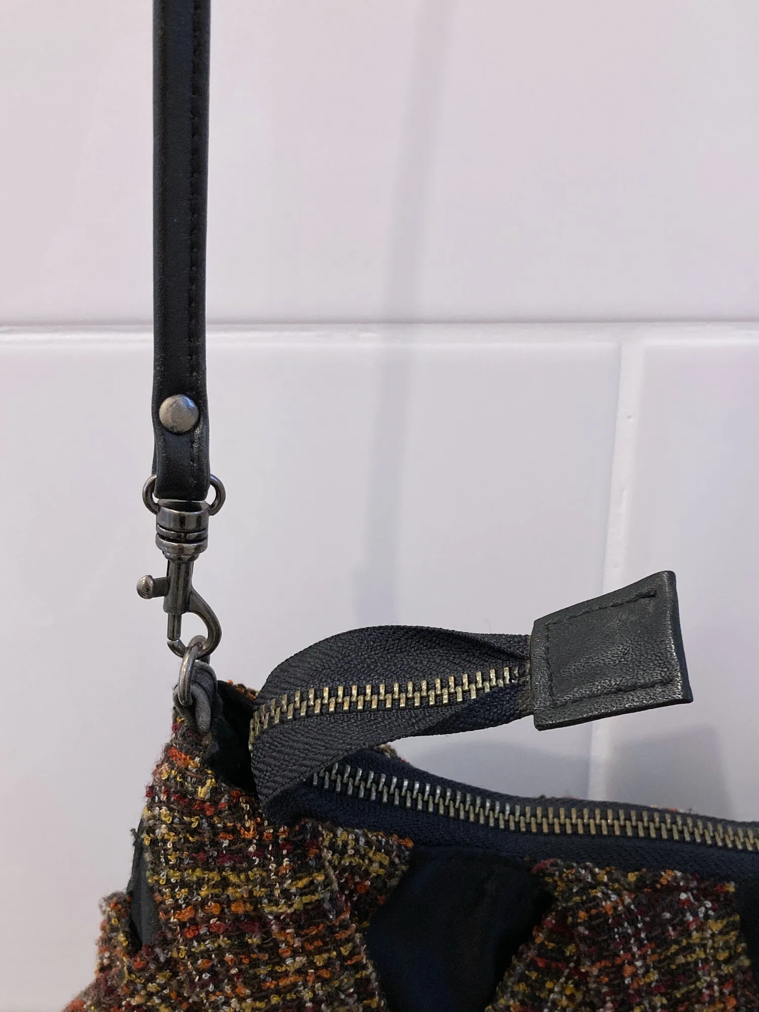 Jean Colonna small brown crosshatch fabric shoulder bag with visible lining