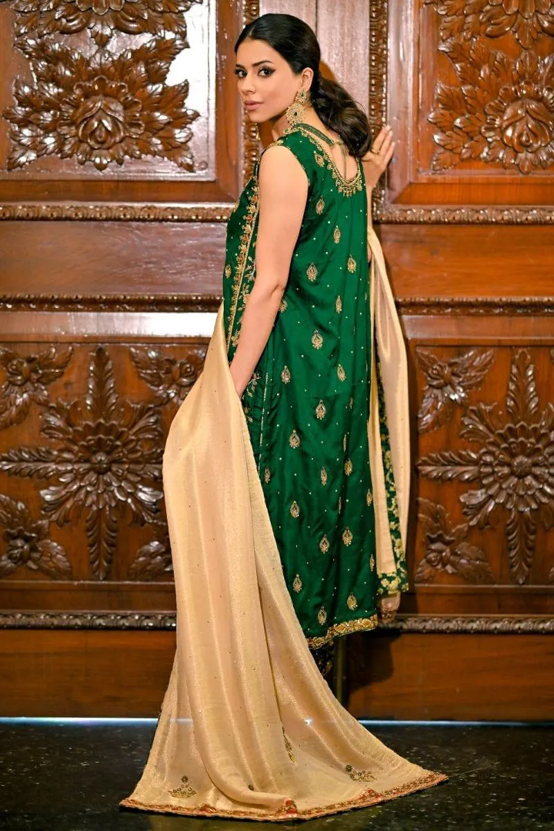 Khayal BY SHAISTA HASSAN - Emerald green in a pure jamawar long shirt - 3 Piece