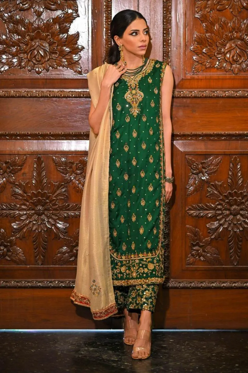 Khayal BY SHAISTA HASSAN - Emerald green in a pure jamawar long shirt - 3 Piece
