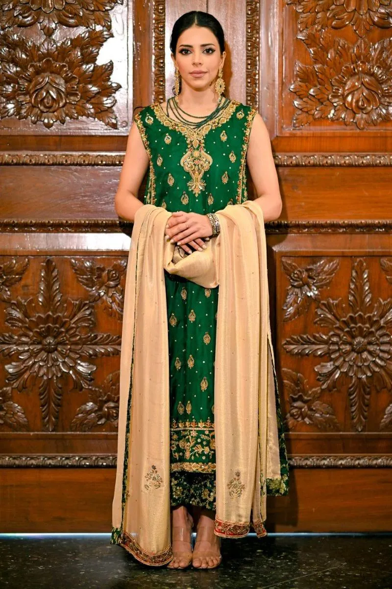 Khayal BY SHAISTA HASSAN - Emerald green in a pure jamawar long shirt - 3 Piece