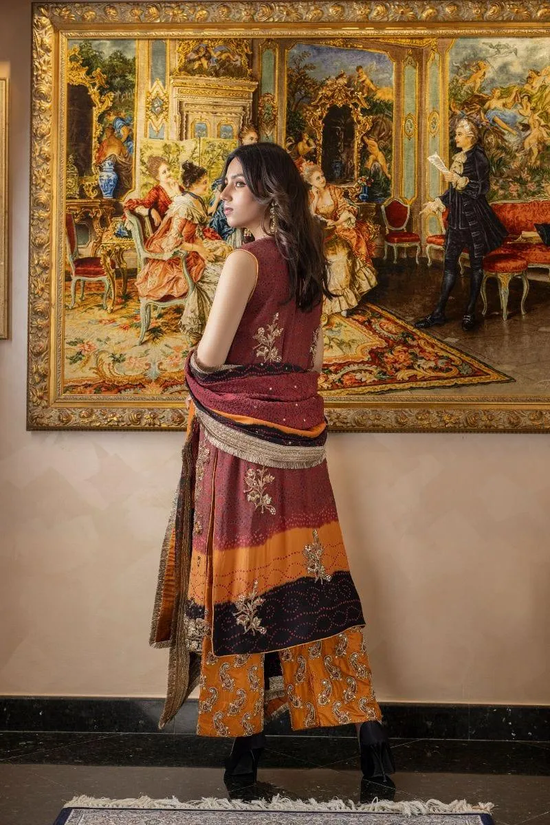 Khayal BY SHAISTA HASSAN - Maroon and black pure silk chunri and Izaar with chunri dupatta - 3 Piece