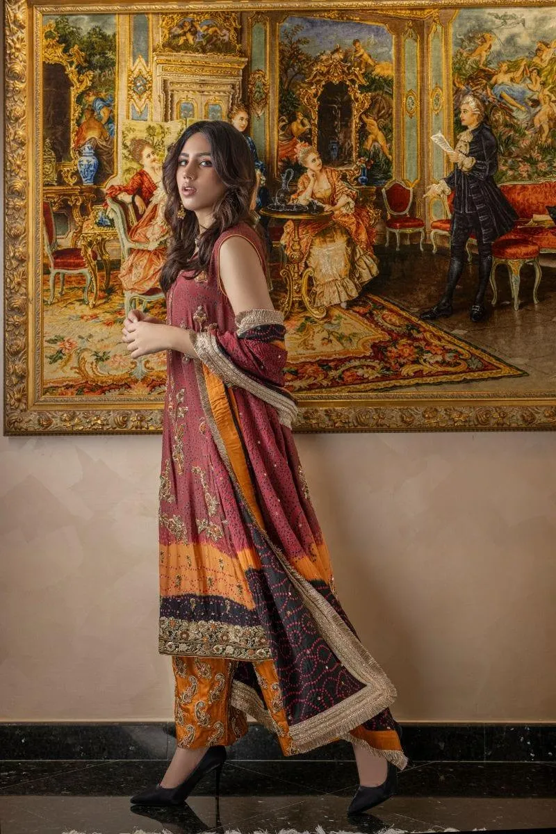 Khayal BY SHAISTA HASSAN - Maroon and black pure silk chunri and Izaar with chunri dupatta - 3 Piece