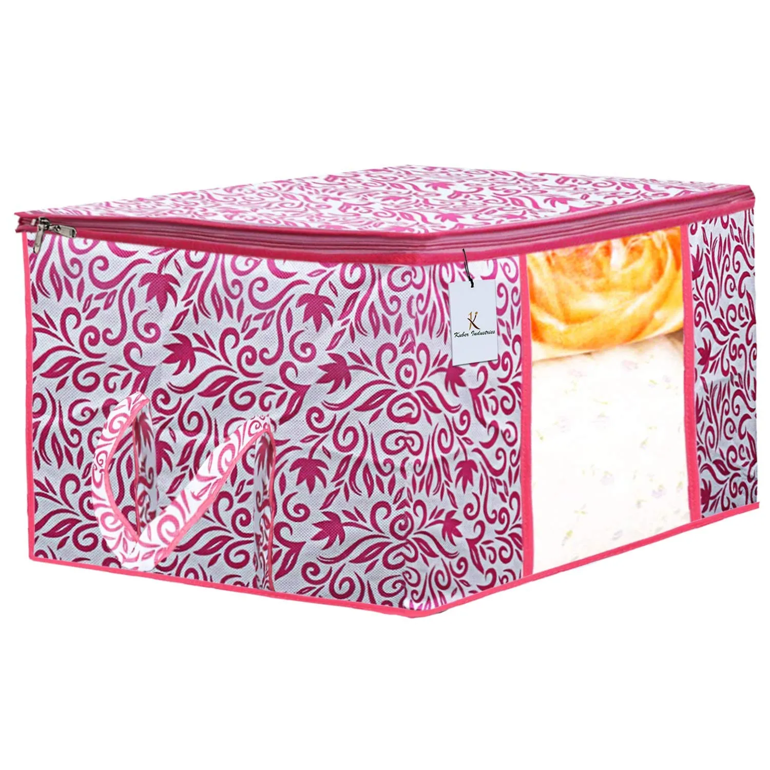 Kuber Industries Leaf Design Non Woven 4 Pieces Saree Cover and 4 Pieces Underbed Storage Bag, Cloth Organizer for Storage, Blanket Cover Combo Set (Pink) -CTKTC38662