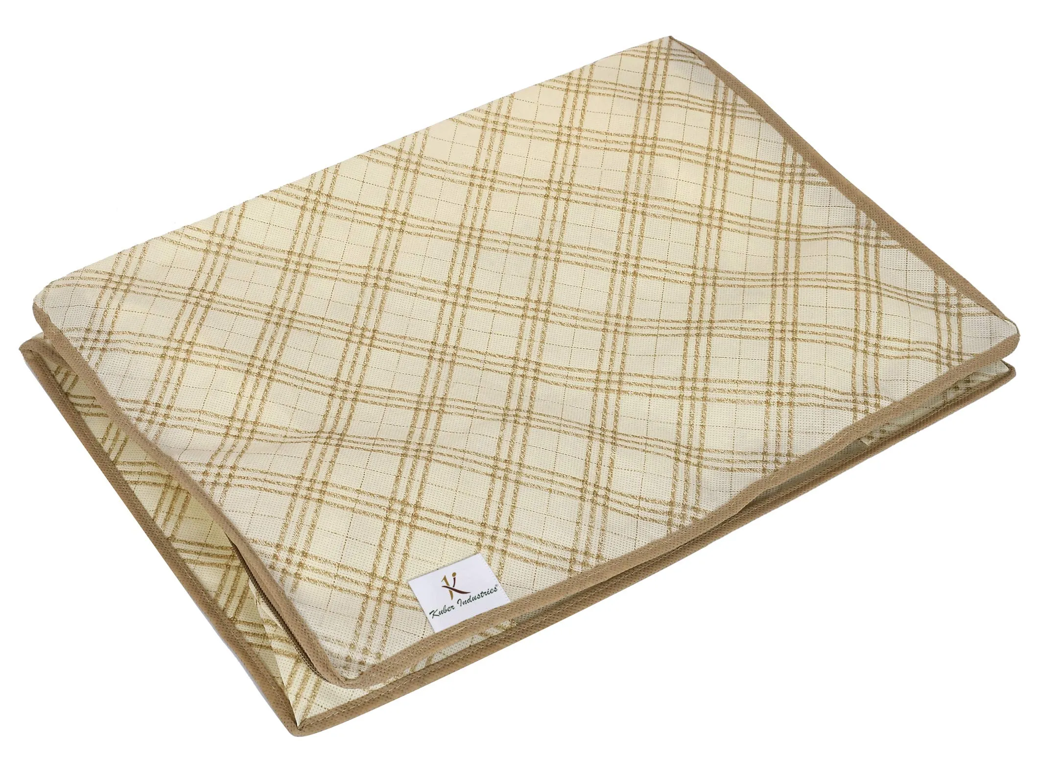 Kuber Industries Metalic Checkered Print Non Woven 2 Pieces Underbed Storage Bag,Cloth Organiser,Blanket Cover with Transparent Window (Ivory)-KUBMART16583