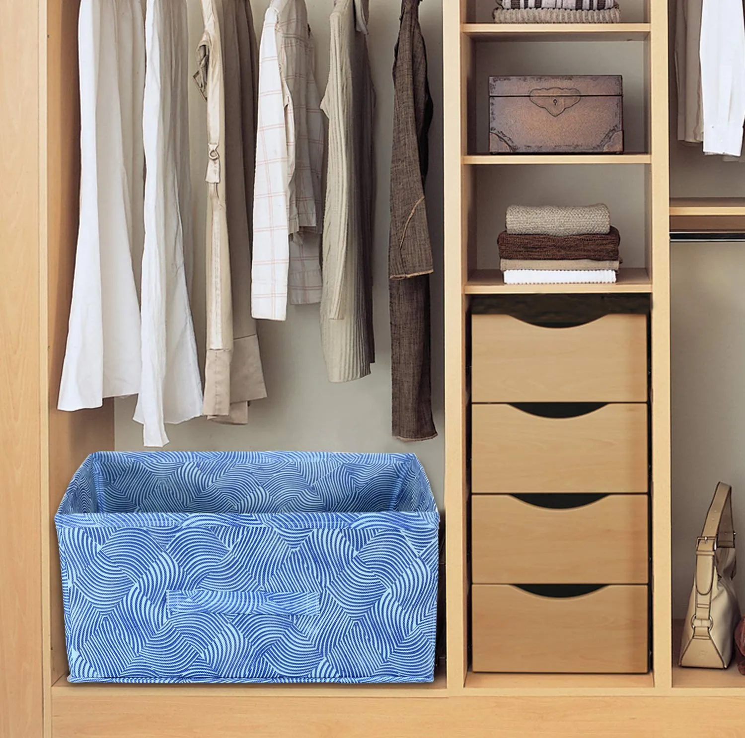 Kuber Industries Rectangular Storage Box/Closet Organizer Box With Handle|Metalic Lahriya Print & Foldable Non Woven Fabric (Blue & Red)-Kubmart15994, Drawer Organizers