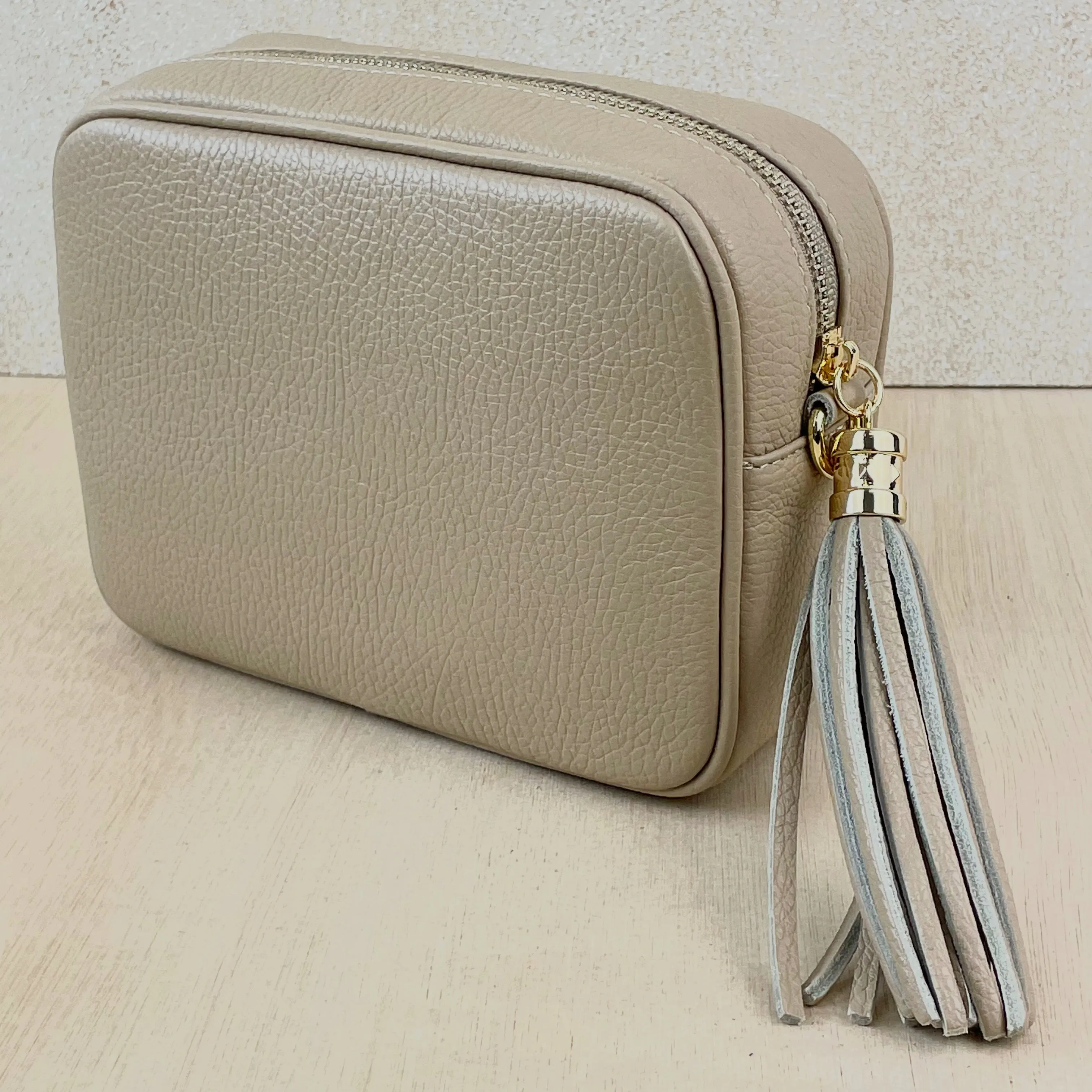Leather Crossbody Camera Bag - Light Taupe