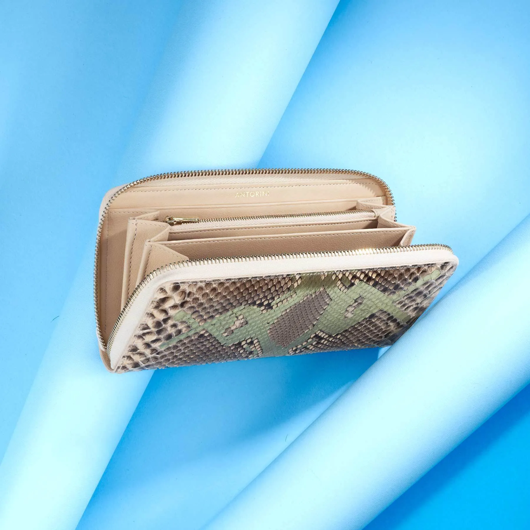 Leather Ladies ANTORINI Couture Leather Purse, Genuine Snake Skin, Brown/Gold