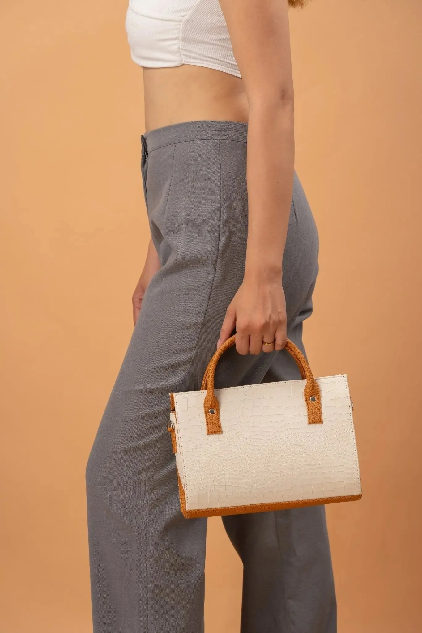 MADELINE Croc Embossed Top Handle Sling Bag in Off White
