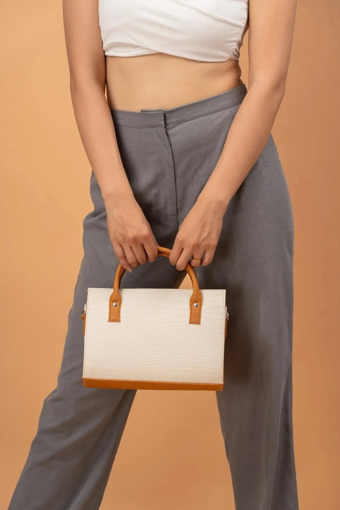 MADELINE Croc Embossed Top Handle Sling Bag in Off White