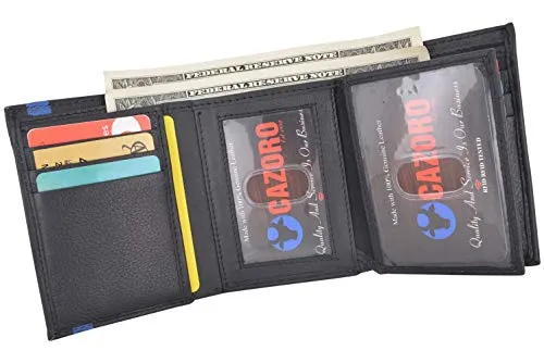 Men's Genuine Soft Leather RFID Trifold Wallet 2 ID Windows & Credit Card Holder Black