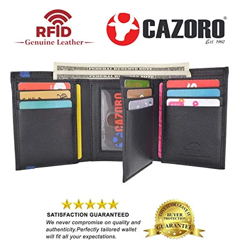 Men's Genuine Soft Leather RFID Trifold Wallet 2 ID Windows & Credit Card Holder Black