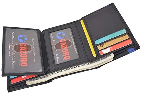 Men's Genuine Soft Leather RFID Trifold Wallet 2 ID Windows & Credit Card Holder Black