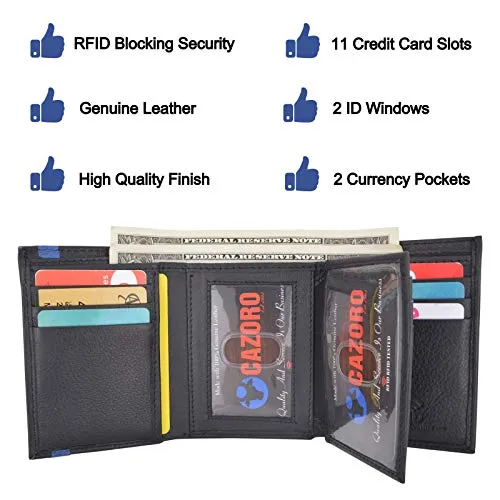 Men's Genuine Soft Leather RFID Trifold Wallet 2 ID Windows & Credit Card Holder Black