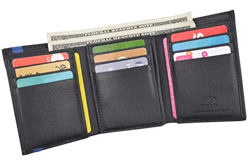 Men's Genuine Soft Leather RFID Trifold Wallet 2 ID Windows & Credit Card Holder Black