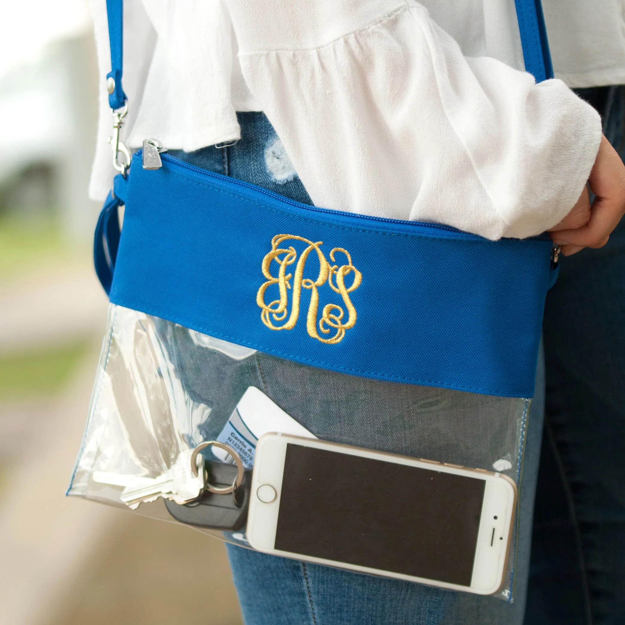 Personalized Clear Stadium Approved Crossbody Purse, Clutch, Wristlet, Concert In Royal Blue