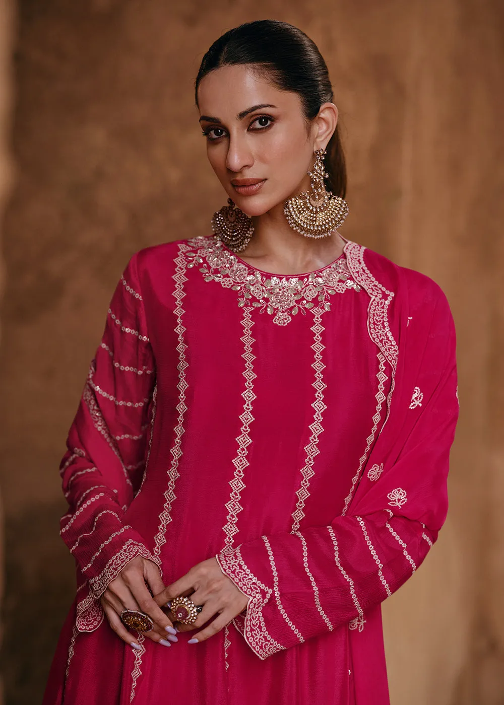 Pink Chinnon Silk Designer Style Embroidered Sharara Suit