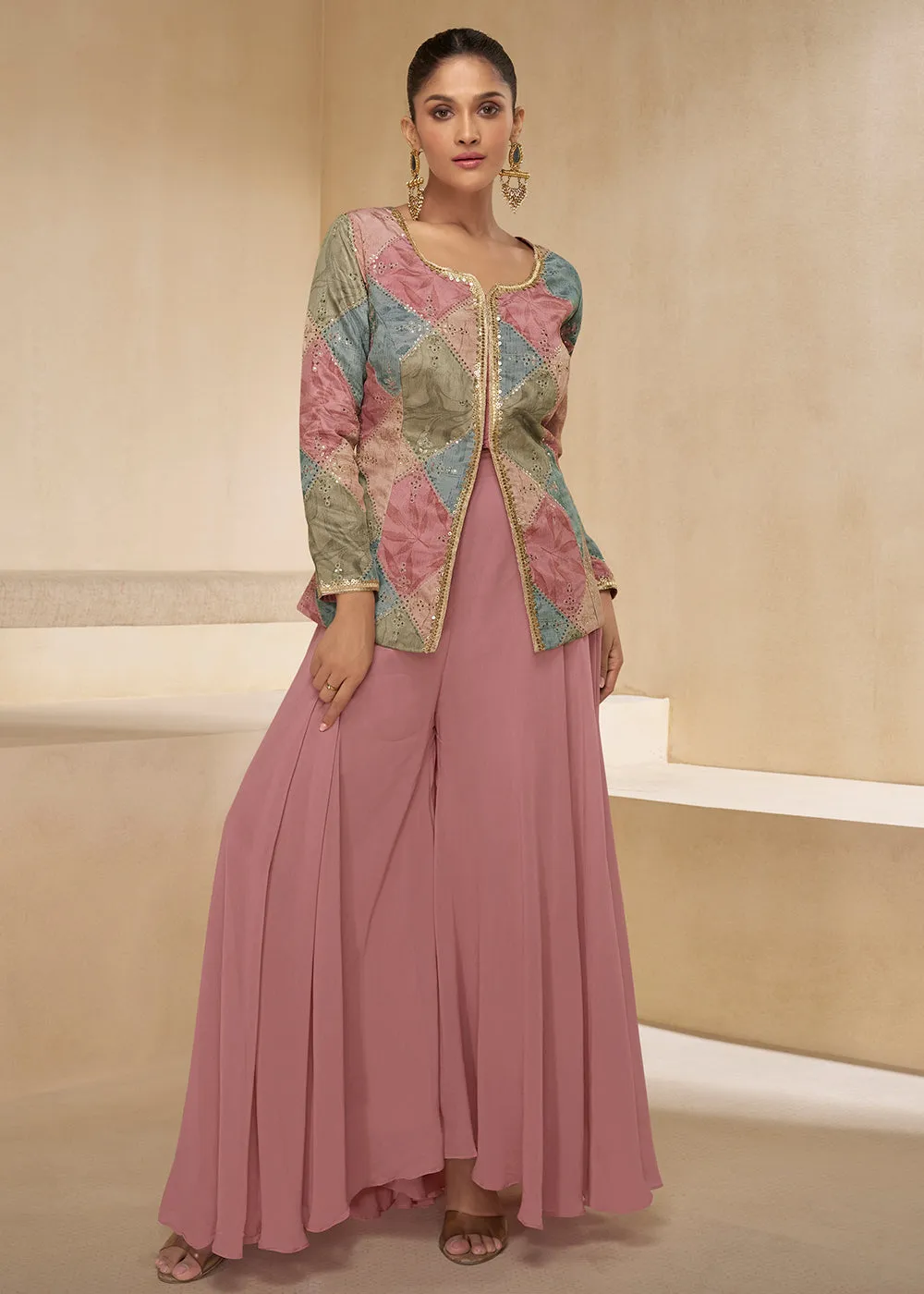 Pink Designer Embroidered Party Wear Sharara Suit