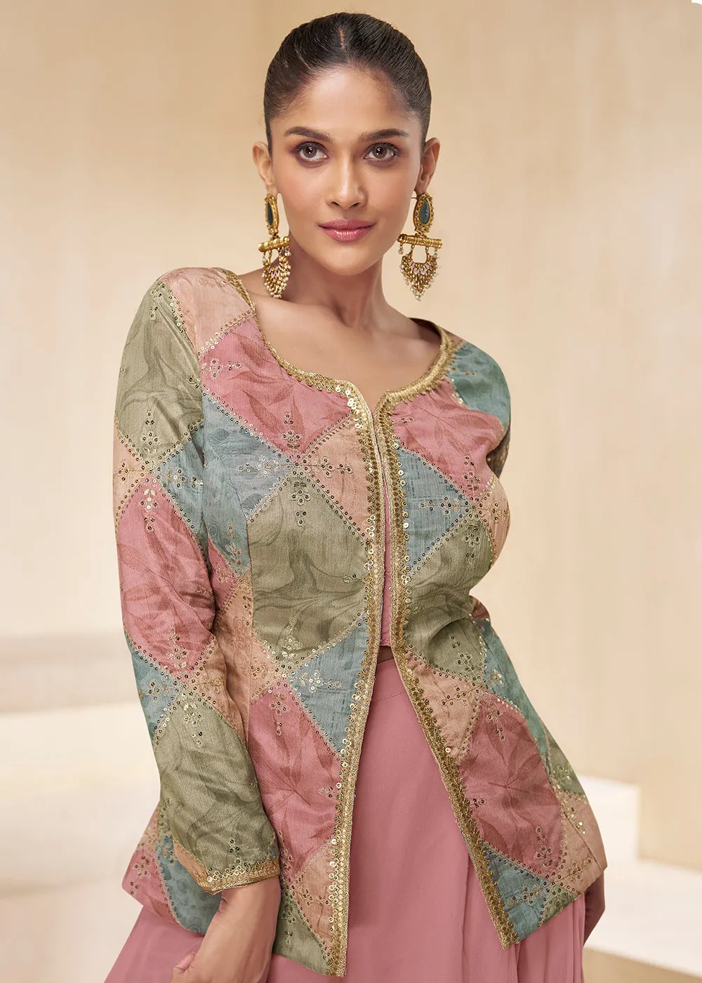 Pink Designer Embroidered Party Wear Sharara Suit